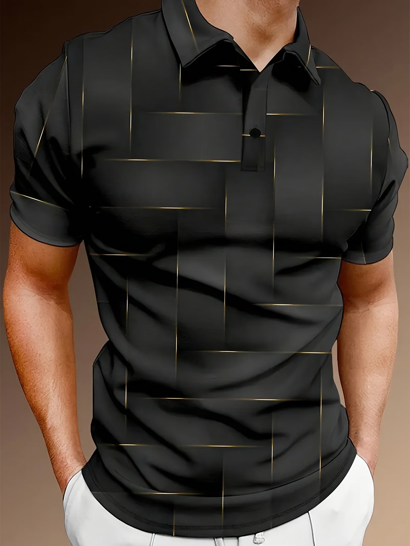 Men's Stylish Black & Golden Geometric Print Shirt - Short Sleeve, Casual Golf Sportswear, Digital Printing, Button-Up Collar, Polyester, All-Season Wear