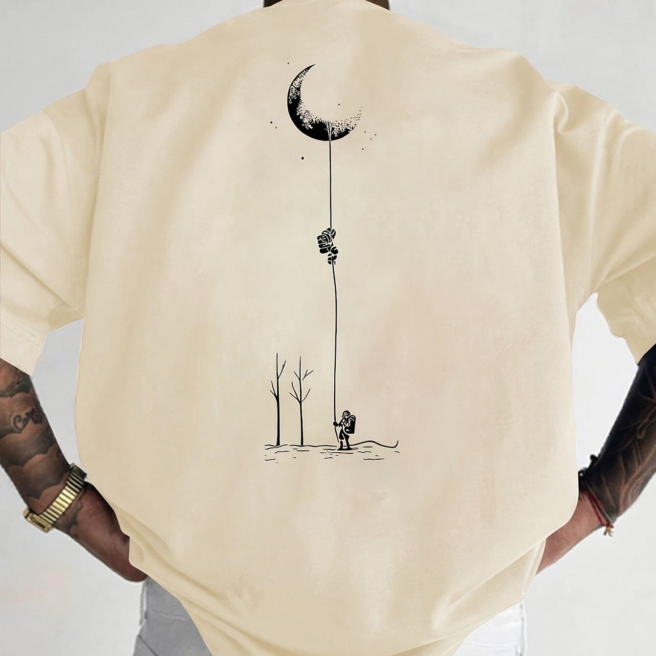 Moon and Trees Design Front & Back Graphic Crew Neck Cotton Summer Fashion Short Sleeve Casual Daily Style Top with Unique Geometric Pattern, Suitable for Spring/Summer Outdoor Activities