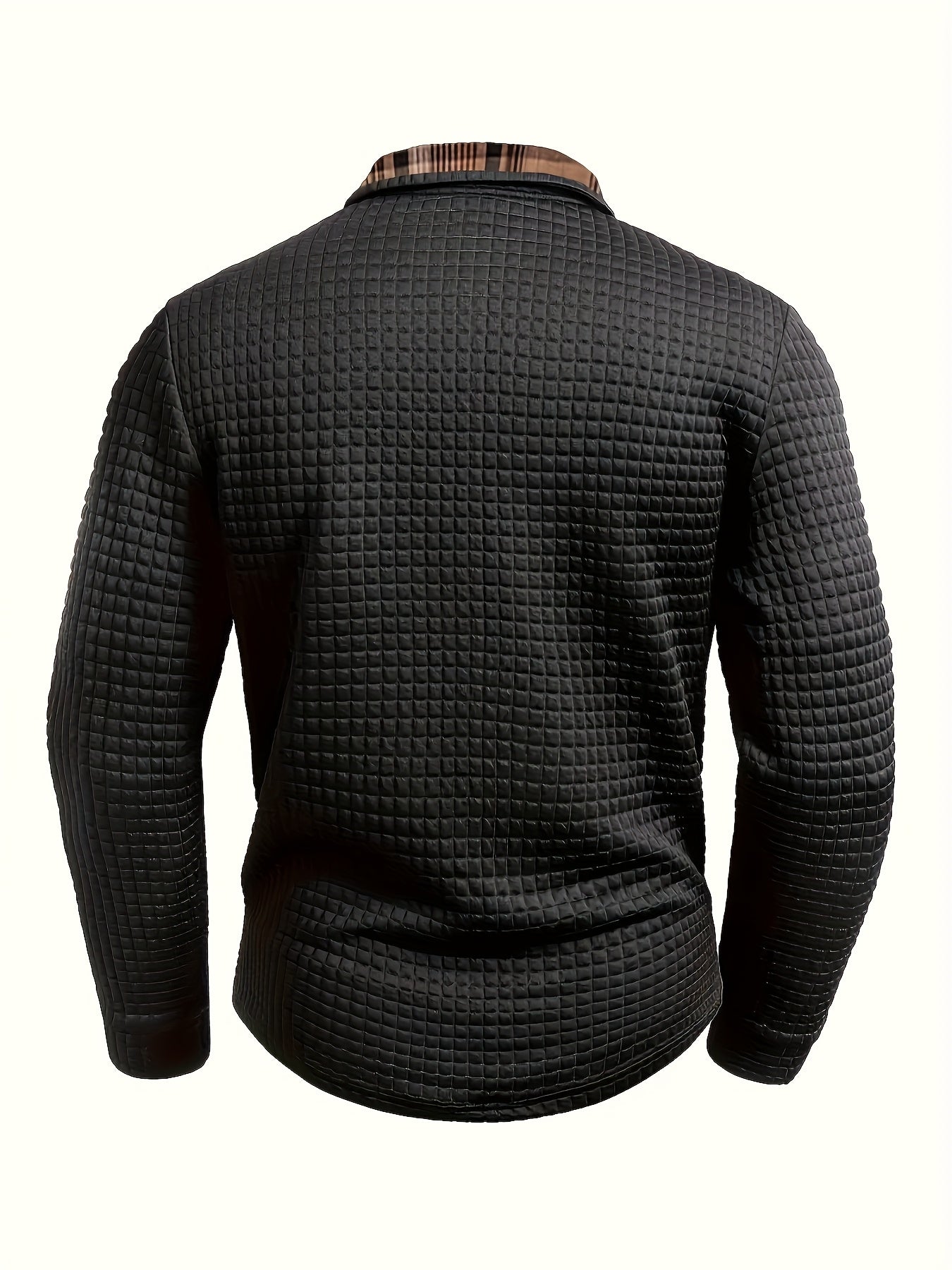 Men'S Casual Warm Long Sleeve Polo Shirt - Gray with Brown & White Plaid Collar, Button-Up Front, Textured Waffle Weave, Perfect for Fall, Casual Wear|Plaid Pattern Shirt|Buttonup Collar Shirt