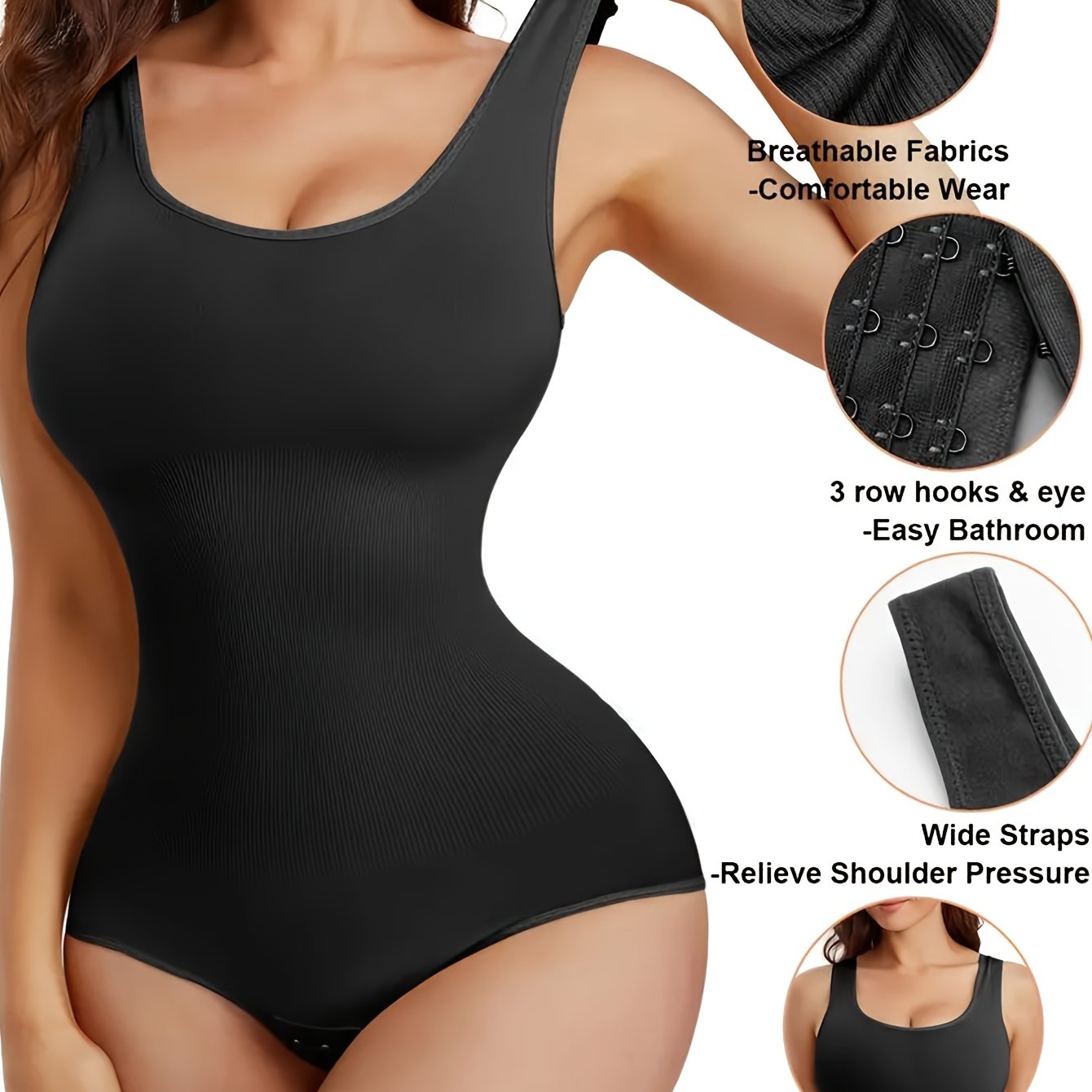 Body sculptant taille haute femme – contrôle du ventre, shapewear sans couture en nylon respirant, 3 crochets pratiques, bretelles réglables, soulagement de pression, maintien poitrine complet