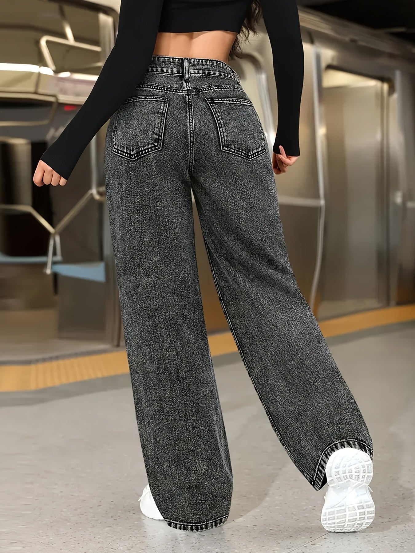 Jeans Femme Taille Haute Jambe Droite Extensible Confort Classique Effet Snowflake Élégant Toute Saison Poches Durable