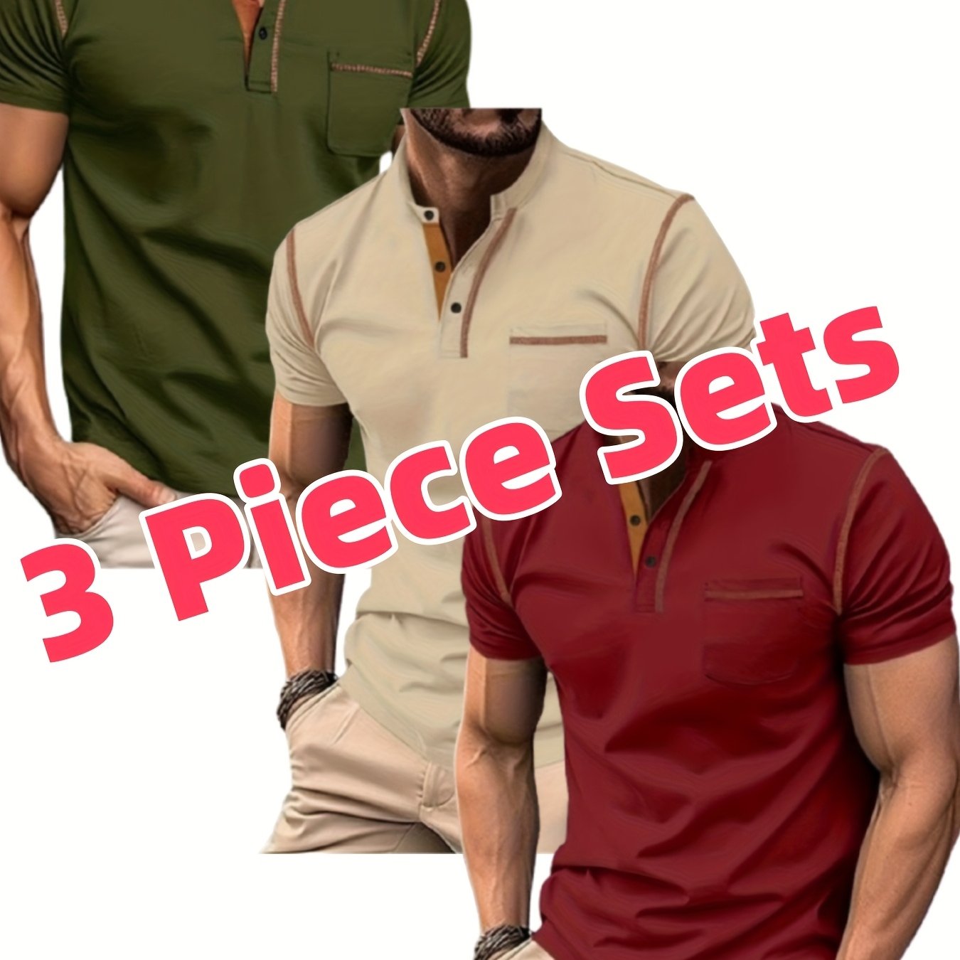 Lot de 3 Henley Manches Courtes – Tops Casual Golf & Tennis