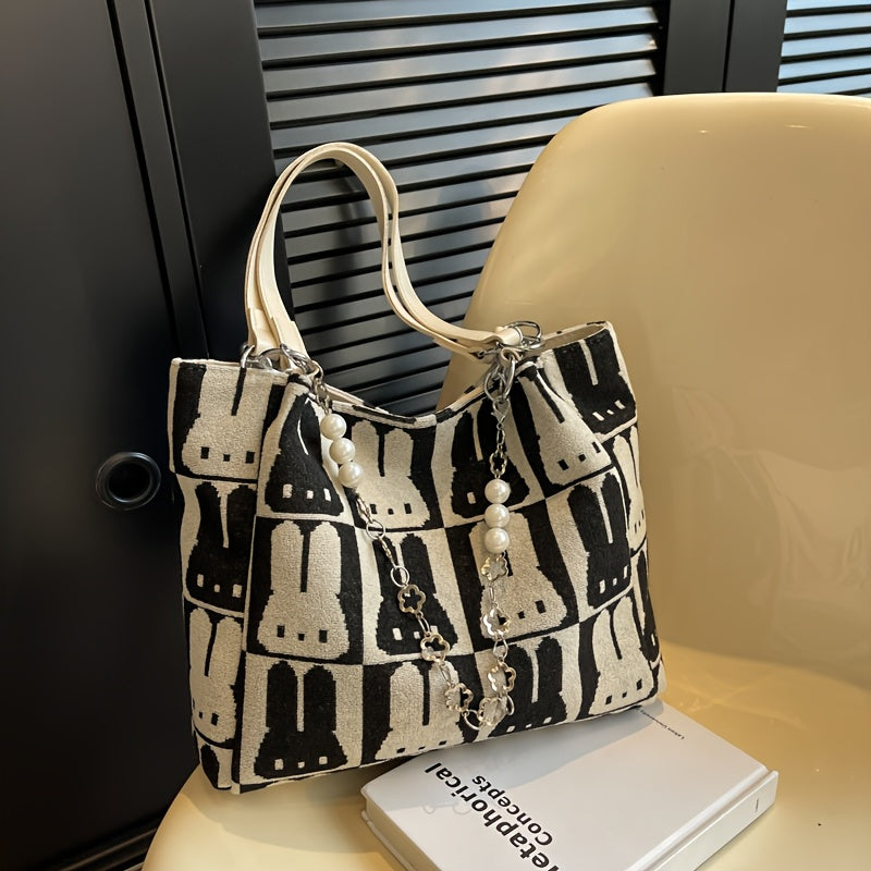 Sac Cabas Chic à Motif Lapin – Grande Capacité, Design Contrasté, Sac Décontracté à Porter à l’Épaule ou Sous le Bras, Fermeture Éclair