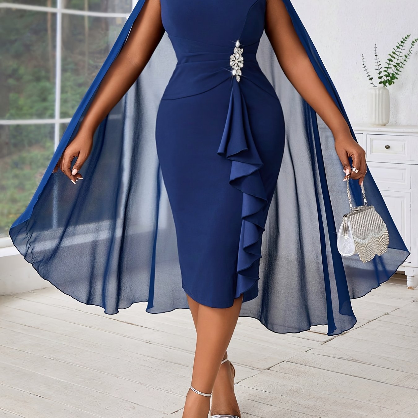 Robe Grande Taille Élégante – Manches Chauve-Souris, Détails en Mesh, Style Cache-Cœur, Mode et Confort