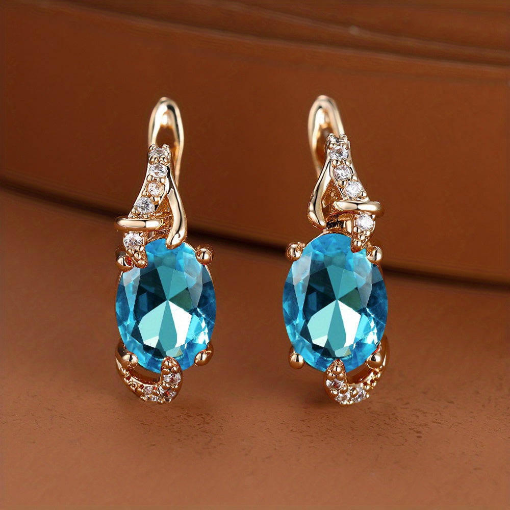 Boucles d'Oreilles Plaquées Or 18K – Pierre Colorée Taille Ovale, Style Élégant