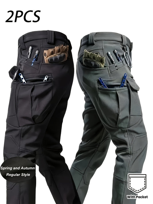 Pantalons cargo tactiques pour homme (2 pièces) – multi-poches, tissu polyester durable, coupe ample, taille mi-haute, couleur unie, idéals randonnée, activités outdoor et usage quotidien, poches renforcées
