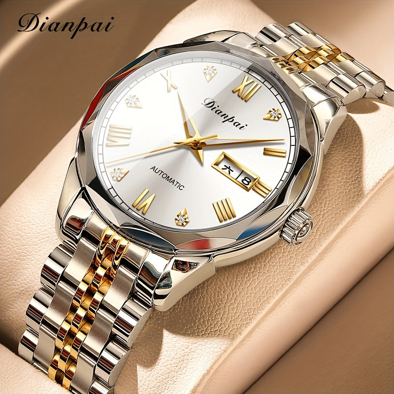 Luxury Men'S Fully Automatic Mechanical Watch with Luminous Calendar & Date Display - Stainless Steel Strap, Golden-Tone Dial, Business & Formal Wear, Without Battery, Formal Accessory, Professional Men, Stylish Men