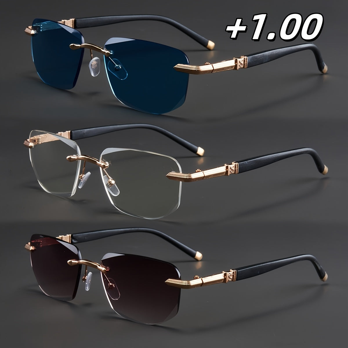 3-Pack, Stylish Men's Frameless Reading Glasses, Elegant Metal Frame, Options: 100, 150, 200, 250, 300, 350, 400 Degrees,christmas Gifts