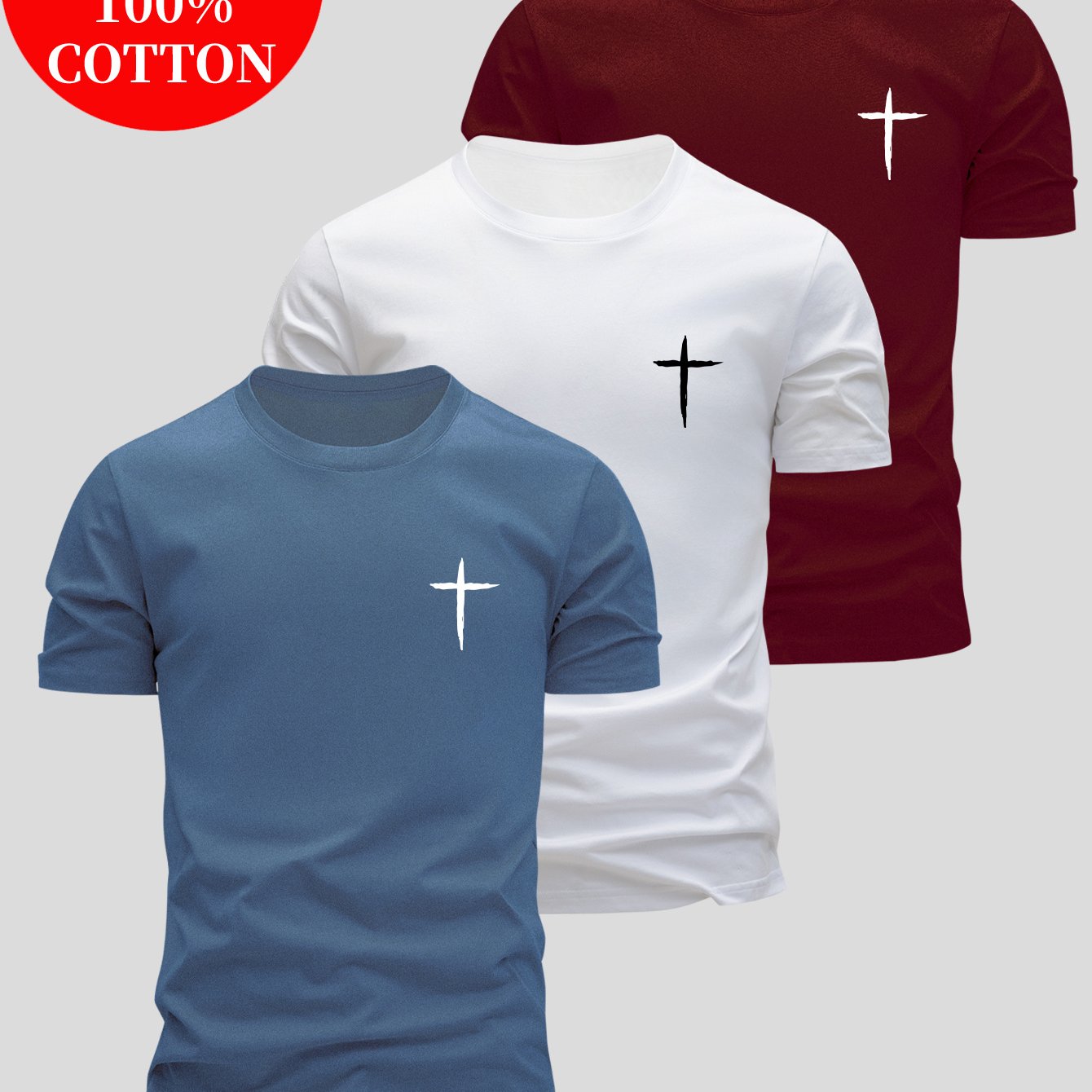 3pcs Men'S 100% Cotton Slim Fit T-Shirts - Breathable Round Neck Short Sleeve Tops with Cross Design, Lightweight & Moisture-Wicking for Summer Casual Wear, Everyday Tshirt | Minimalist Design | Breathable Fabric, Sweat-Resis