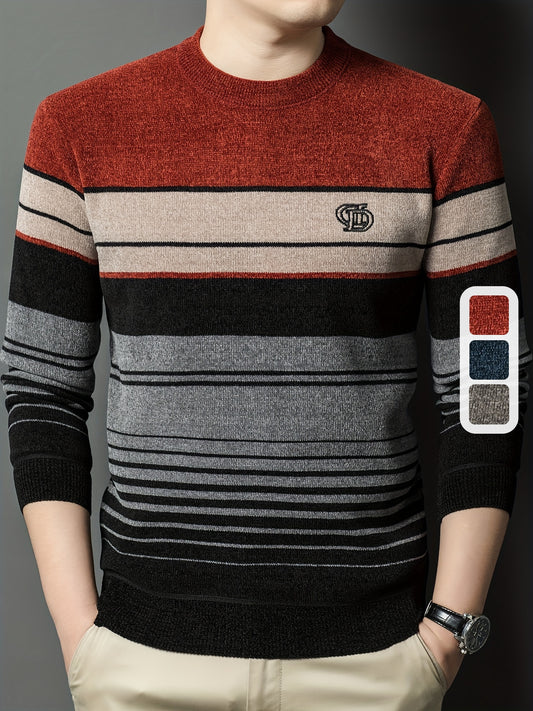 Men's Winter Thermal Fleece-Lined Striped Sweater - Thickened Warm Pullover with Embroidered Logo, Casual Round Neck Long Sleeve Knit Top, Machine Washable (Black/Brown/Beige), Cold Weather Apparel, Ribbed Texture, Comfortabl