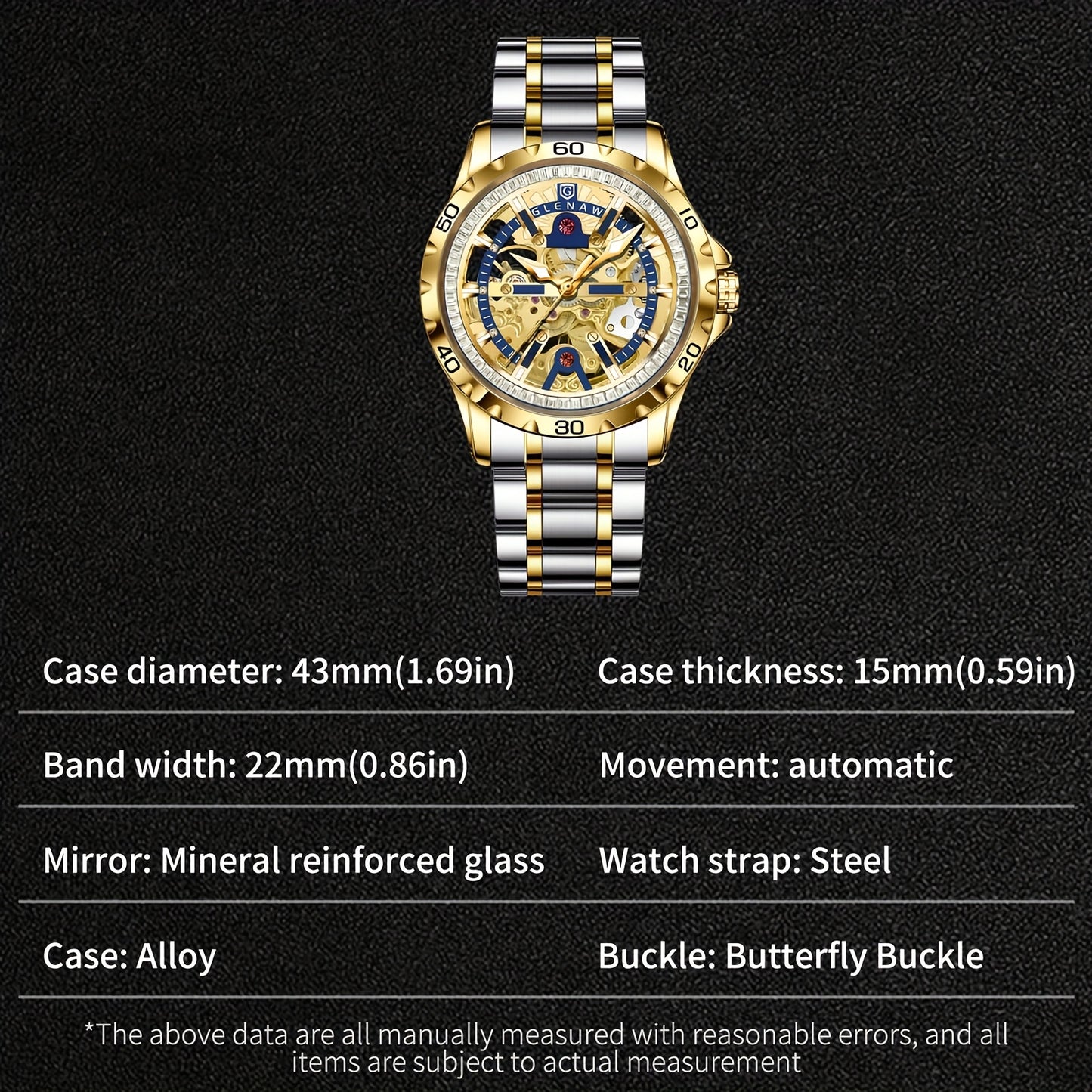 Automatic Watches for Men, Rhinestone Ring Blue Round Frame Men's Watch Stainless Steel Strap Skeleton Mechanical Watch