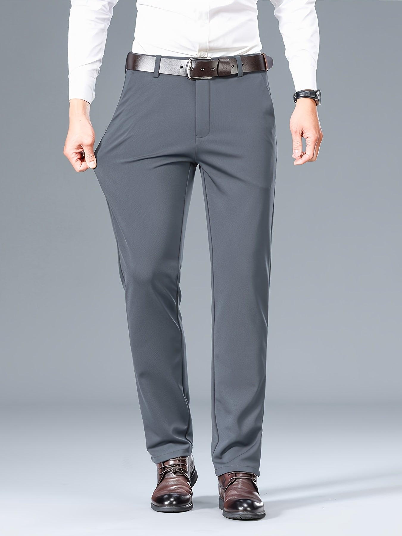 Pantalon Homme Business Léger – Gris, Jambe Droite, Tout Saison, Sans Ceinture