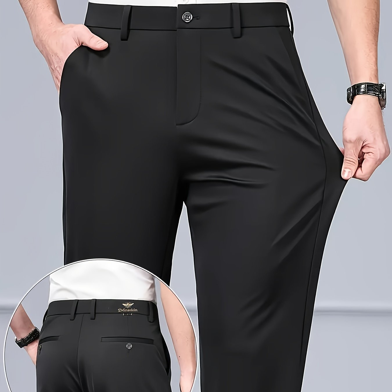 Pantalon homme anti‑froissement avec motif abeille – Pantalon formel et casual toutes saisons, tissu très extensible, fermeture zippée, emblème abeille doré, coupe mi‑haute ample, idéal bureau, golf, mariages (pas de nettoyage à sec)