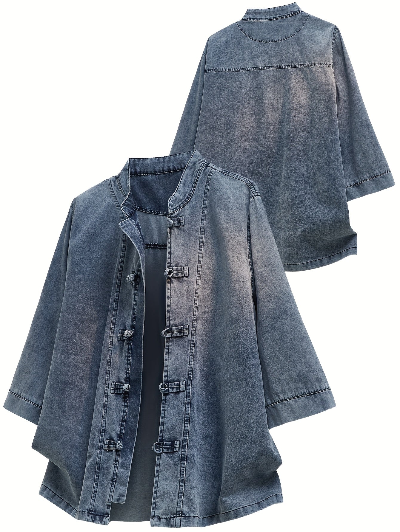 Xingmengzhi OBM Men's Denim Shirt, Loose-Fit Seven-Quarter Sleeve New Chinese Style Button-Up Top, Slim Stand Collar Denim Cardigan Lightweight Jacket