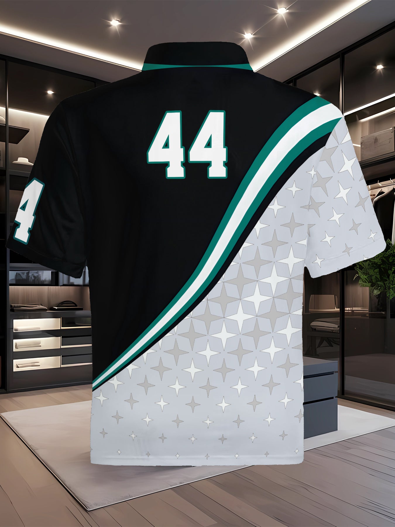 Men's 3D Digital Print Racing Shirt - Summer Short Sleeve with Zipper Collar, Striped Design & Bold '44' Graphic, Breathable Machine-Washable Fabric for Casual & Sporty Style, Summer Outfit, Comfortable Fit