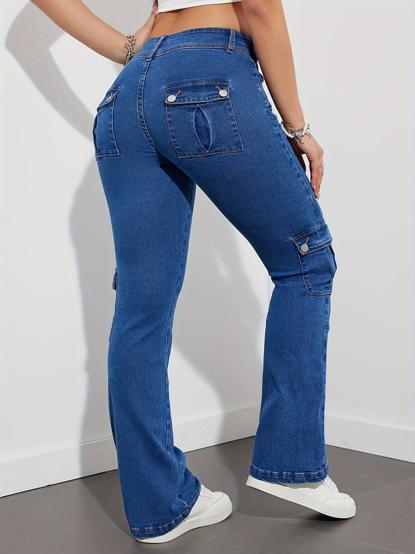 Jeans Femme Taille Mi-Haute Évasé Extensible Poches Rabat Décontracté Bootcut Denim Polyvalent