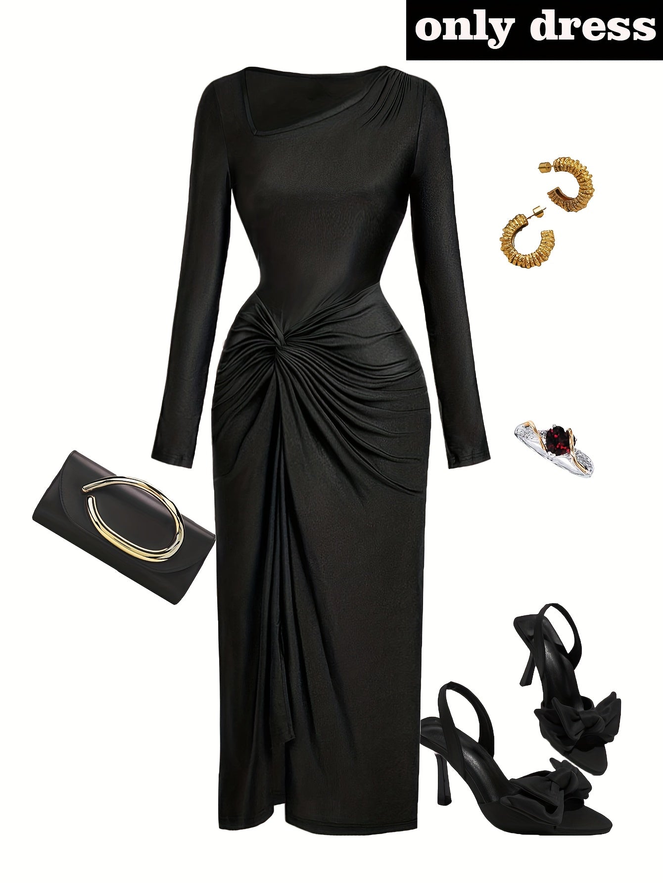 Robe Femme Élégante à Col Irrégulier — Manches Longues, Couleur Unie, Parfaite pour Soirées, Sorties et Rendez-vous