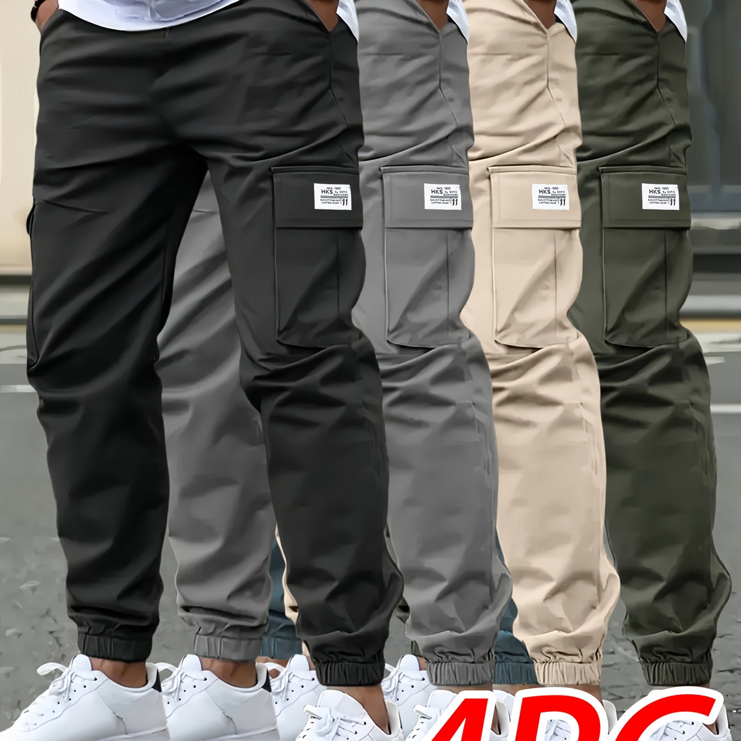 4pcs Pantalons Cargo Homme – Loose Fit, Cordon, Multipoches, Teal/Noir/Gris/Beige, Casual & Outdoor