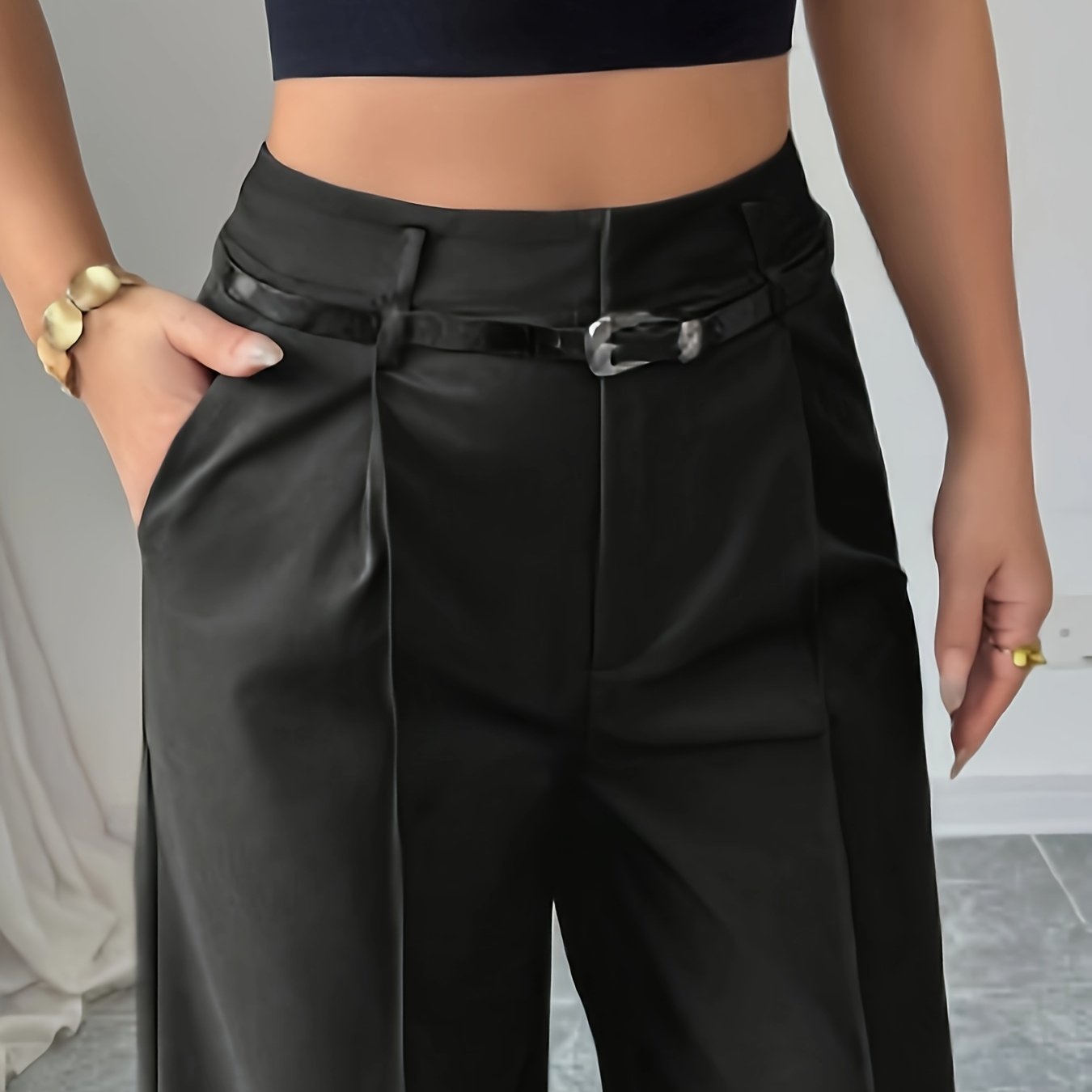 Pantalon Femme Noir Chic – Jambe Droite Taille Haute avec Ceinture Vintage, Bureau et Décontracté, Printemps/Été/Automne