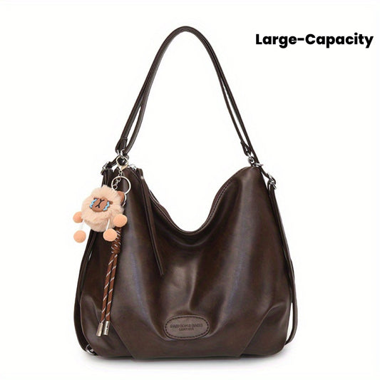 Sac à Épaule Fashion avec Charm, Convertible en Sac à Dos, Grand Cabas pour Sorties d’Hiver - Disponible en Kaki Foncé, Marron Foncé, Noir - Matière PU avec Doublure, (Copie)