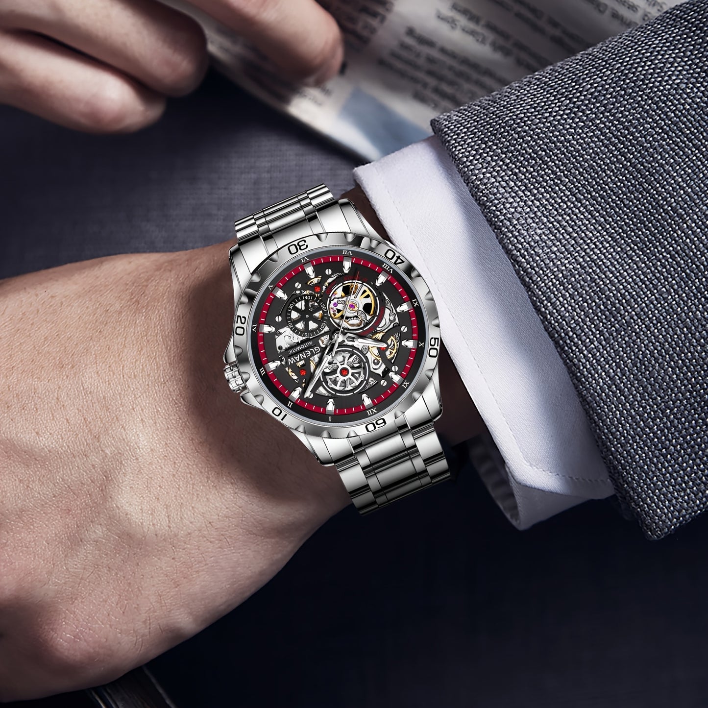 Men's Flywheel Automatic Watch Men's Skeleton Watch Rotating Men's Watch Steel Band Skeleton Self-winding Mechanical Watch