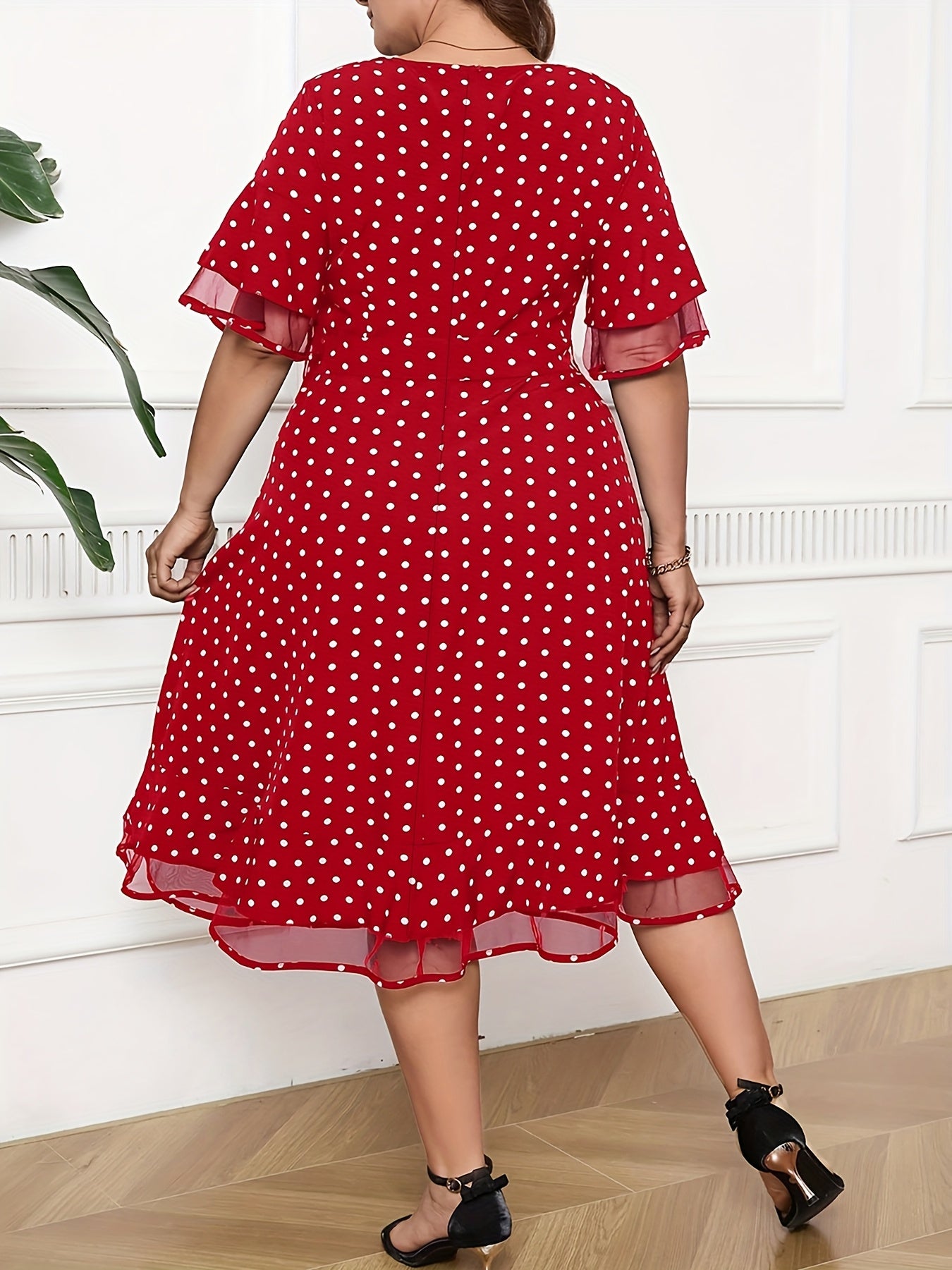 Robe Été Femme Grande Taille – Élégante, Imprimé à Pois, Col Rond, Dos à Nouer, Manches Courtes, Jupe