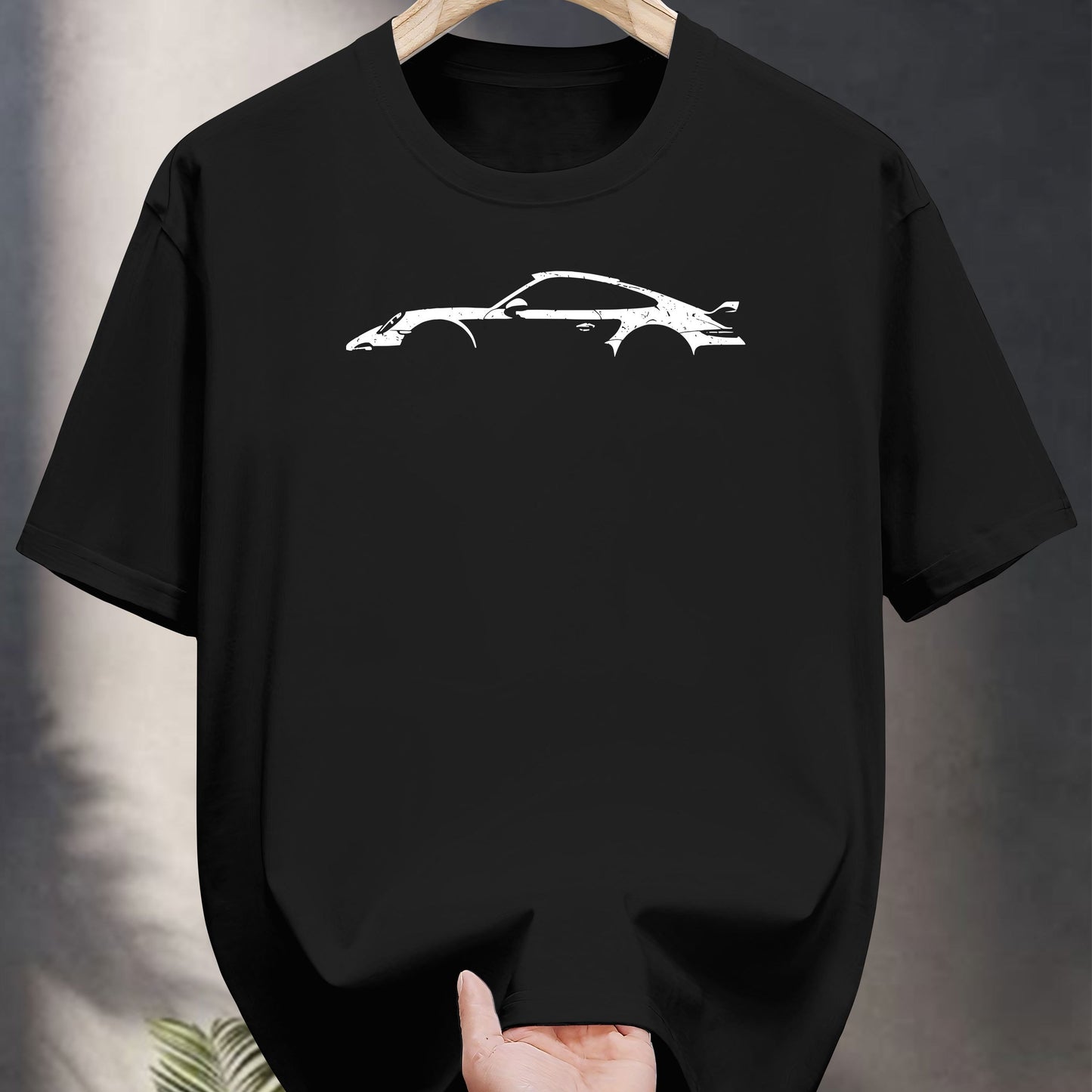 200g 100% Cotton Casual Short Sleeve T-Shirt with Car Graphic Print - Black Round Neck Summer Tee for Adults, Machine Washable