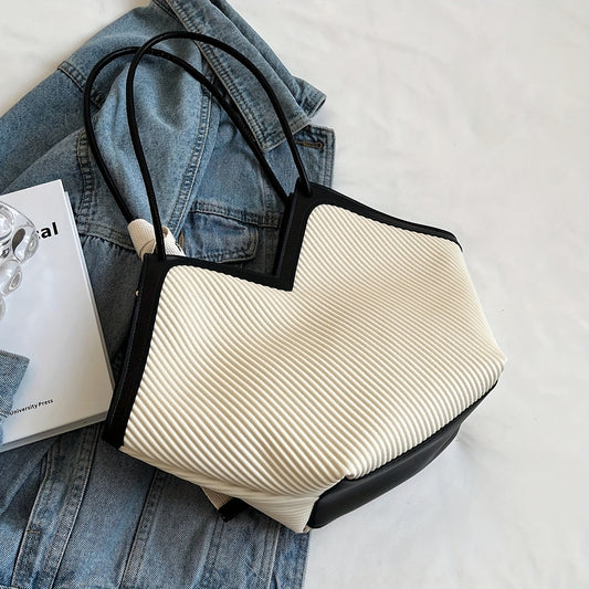 Sac cabas femme élégant blanc à détails noirs – design structuré à rayures embossées, anses doubles, foulard décoratif et fermeture zippée, idéal pour le travail, le shopping ou les voyages.