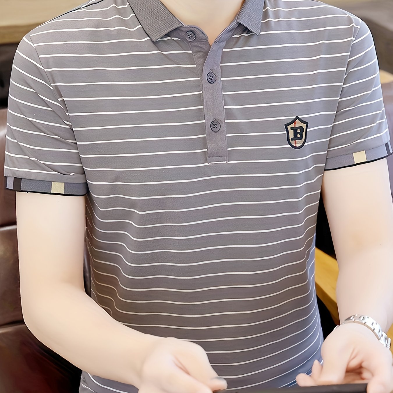 Men's Slim-Fit Black & White Striped Shirt with Golden Accent Collar & Chest Embellishment - Short Sleeve, Machine Washable, Tailored Casual & Semi-Formal Wear, Durable & Comfortable for Everyday Special Occasions, Versatile