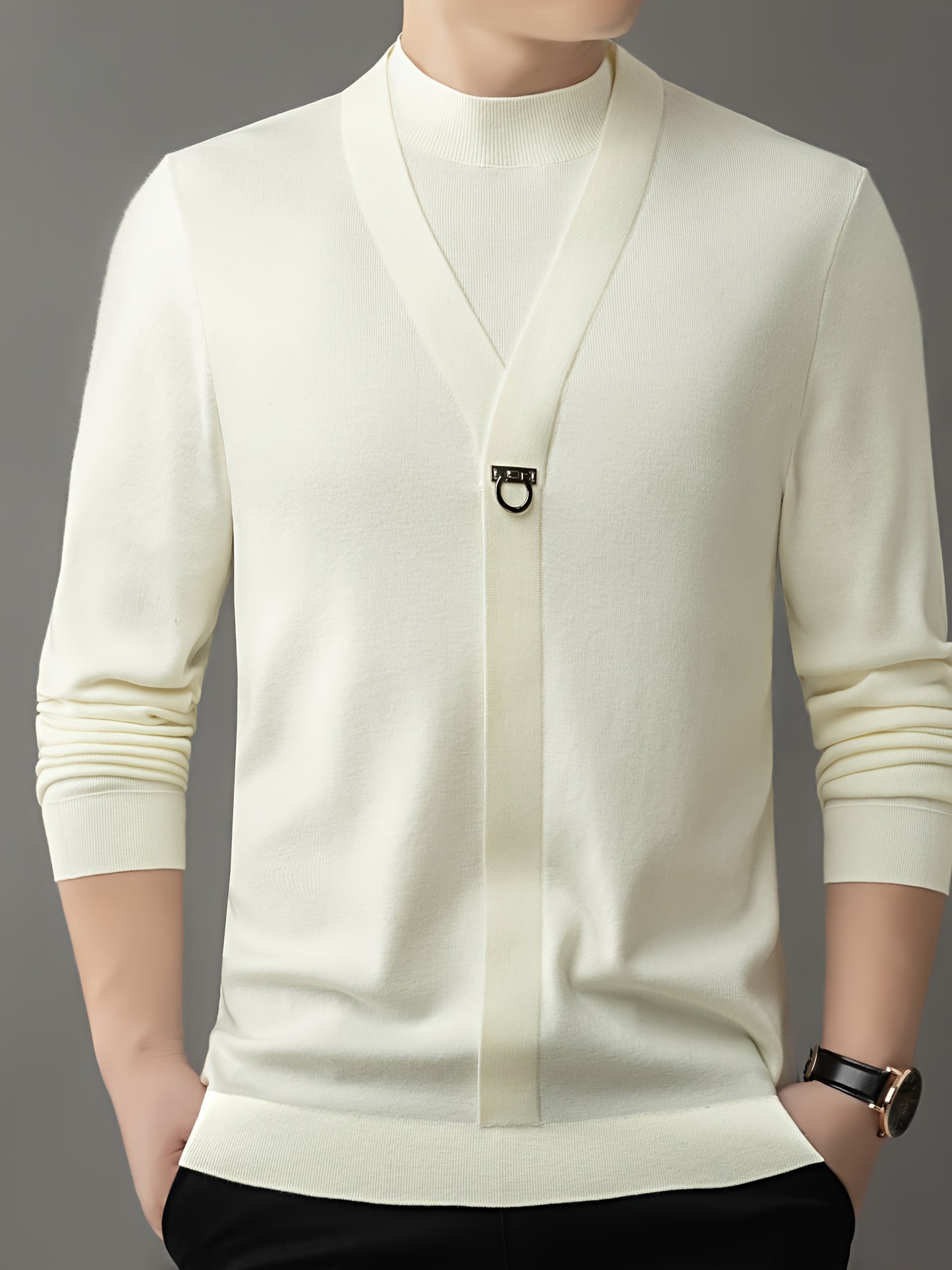 New Autumn And Winter Men'S Fashion: a Round-Neck Long-Sleeve Sweater That Looks Like a Two-Piece, Suitable for Business Casual Wear, Featuring a Faux Placket Design, Knit