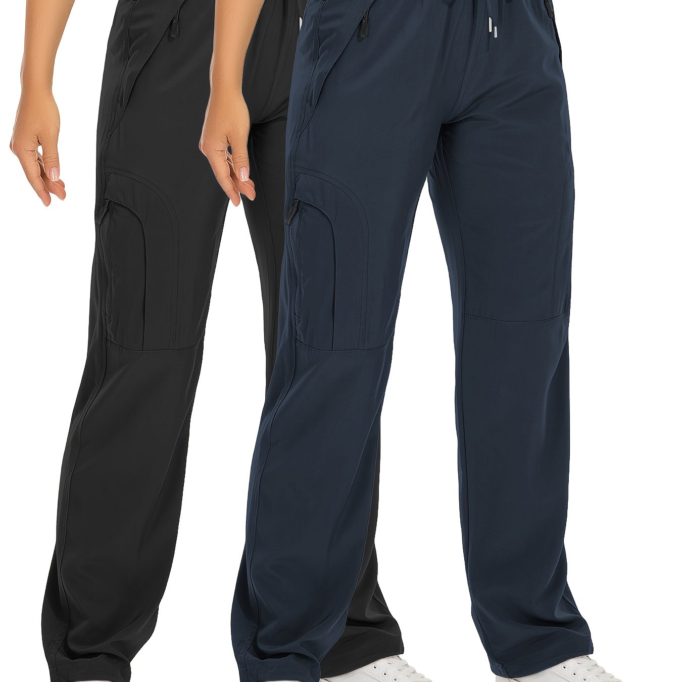Lot de 2 Pantalons Cargo Femme – Poches Zippées, Tissu Respirant et Séchant Rapidement, Extensible, Automne, Noir et Blanc