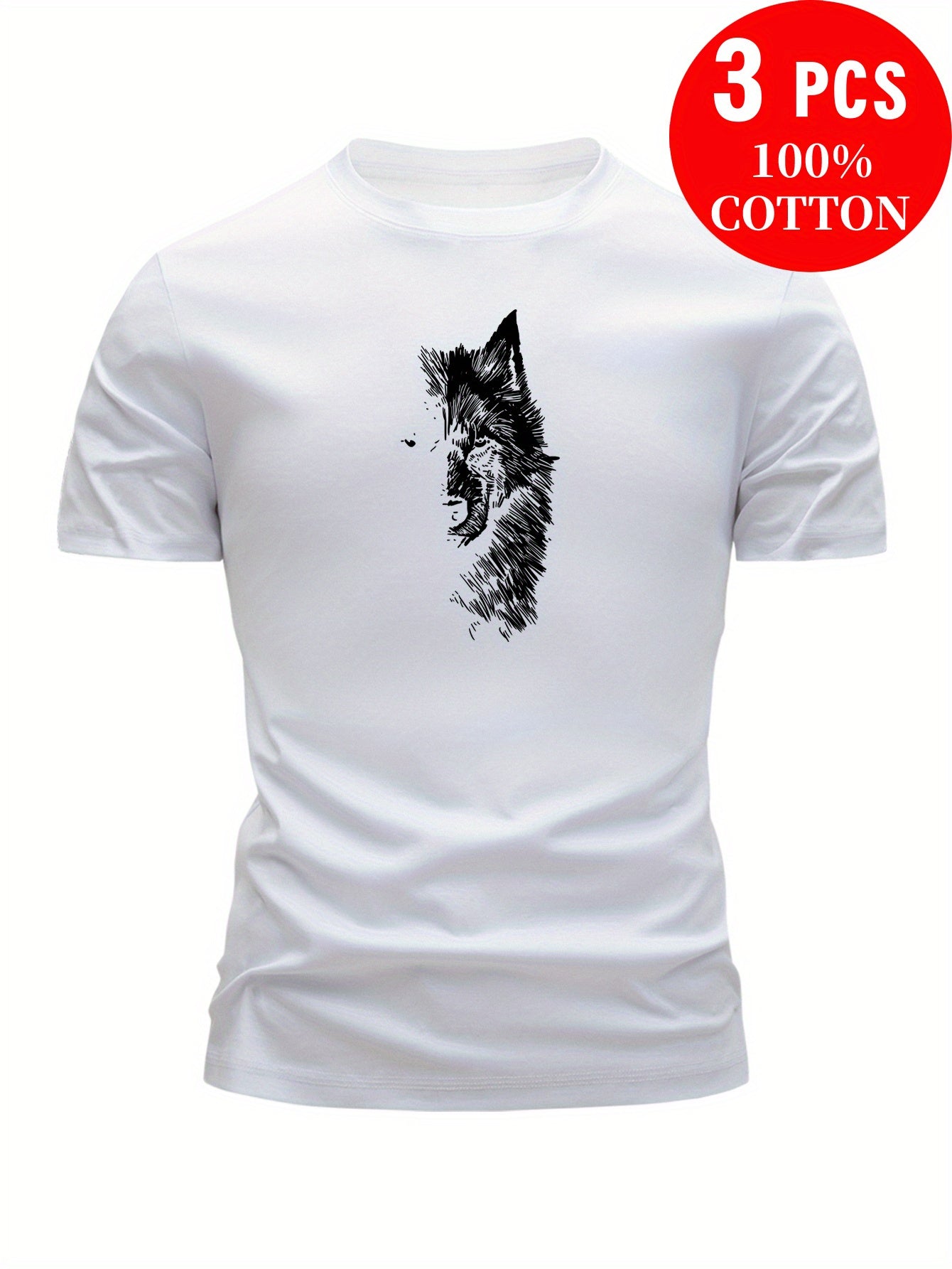 3pcs 100% Cotton T-Shirts with Wolf Graphic, Casual Crew Neck in Multiple Colors for Men