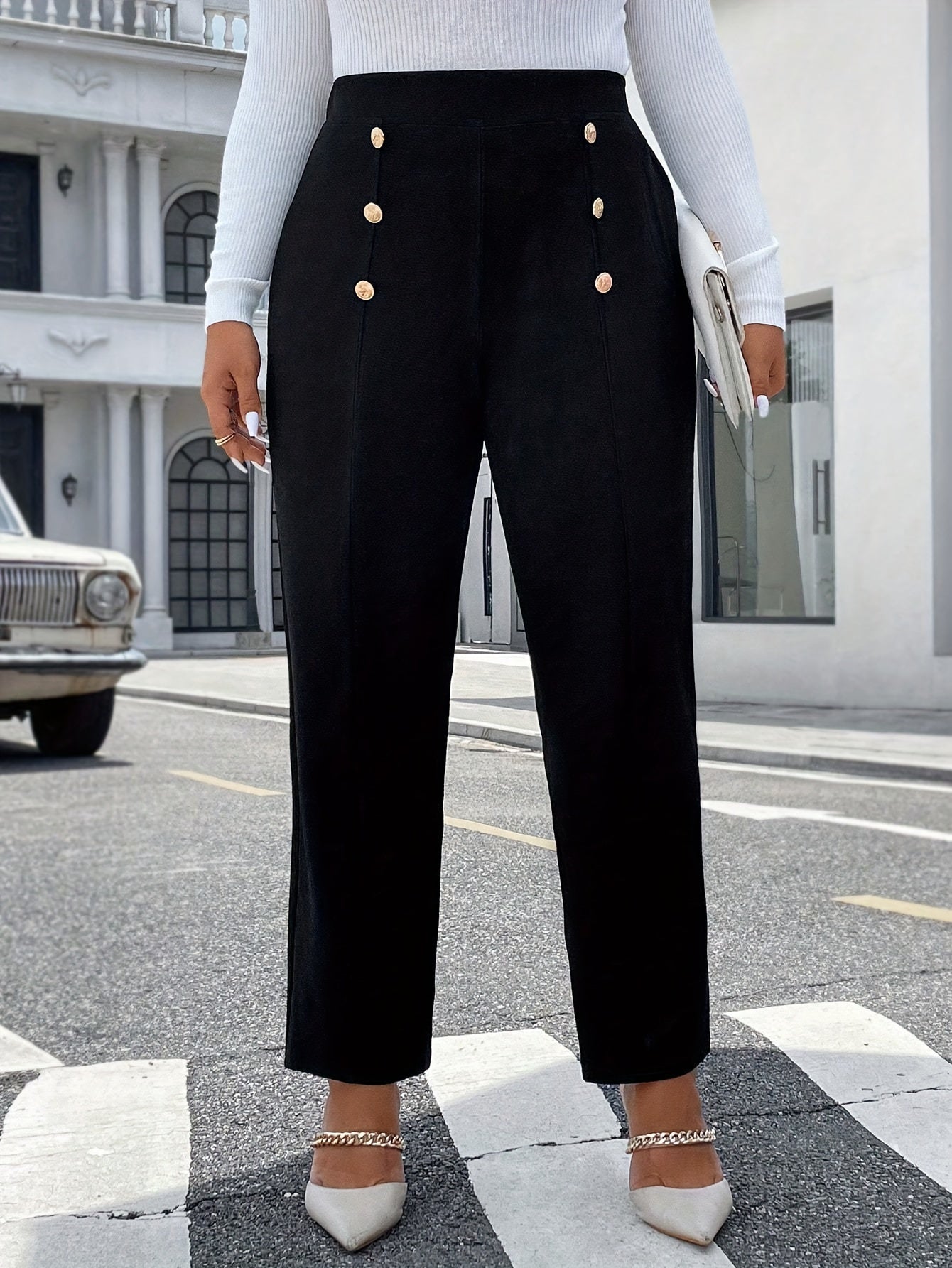 Lot de 2 Pantalons Femme Grande Taille – Taille Haute, Boutons, Jambe Droite, Noir