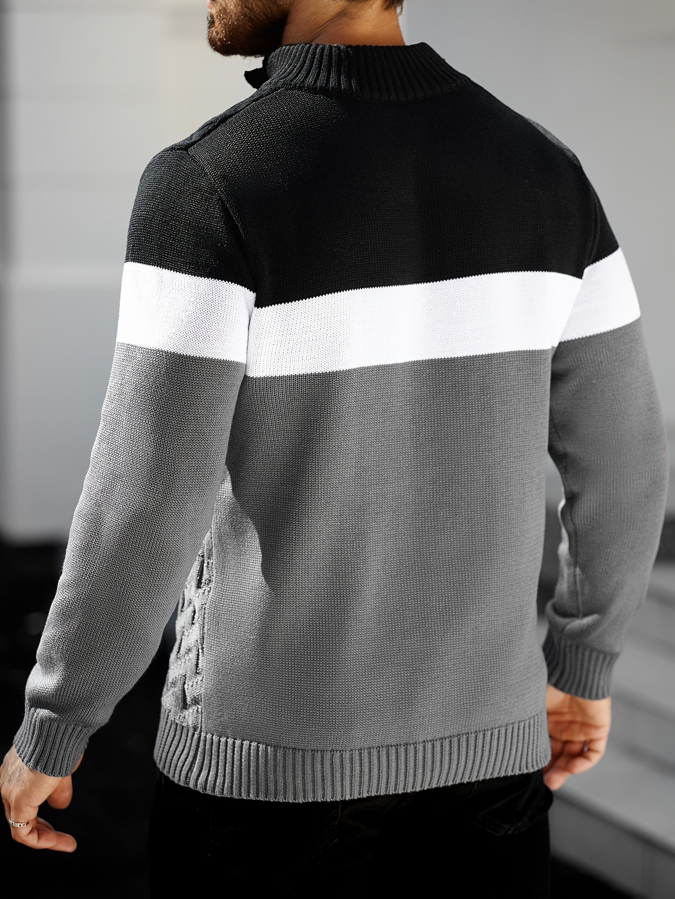 Men'S Casual Stand Collar Pullover Sweater - Stylish Quarter Button Geometric Knit Design, Long Sleeve, Regular Fit for Fall/Winter