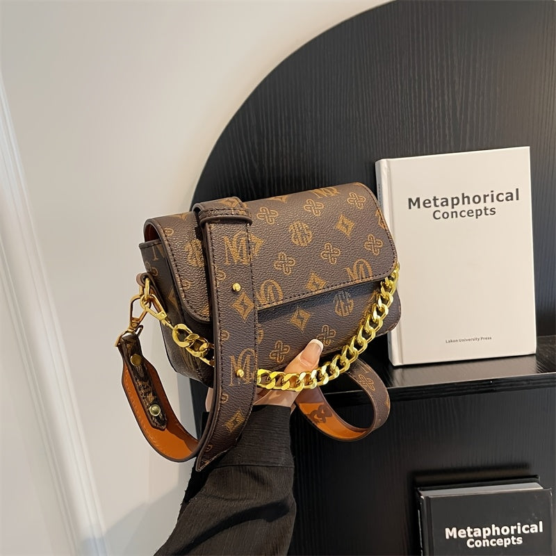 Sac bandoulière femme marron café – chaîne dorée, fermeture à boucle réglable, petit sac carré pour trajets, usage décontracté ou professionnel, accessoire élégant et pratique