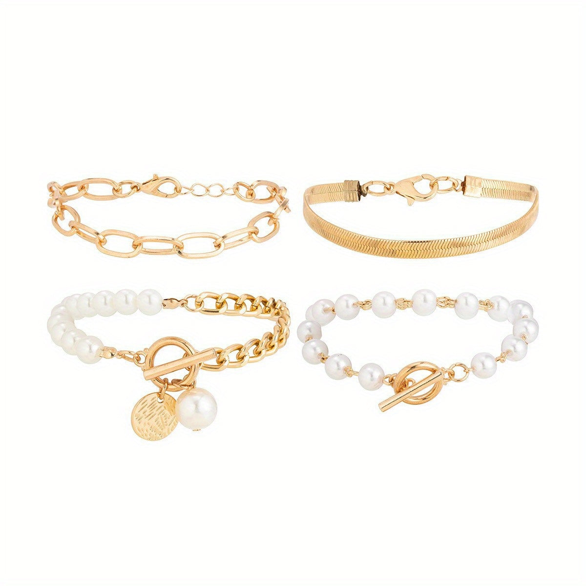 Lot de 4 bracelets mode européenne et américaine – chaîne dorée simple, perles, chaîne serpent, pendentif rond ID, fermoir OT, parfait pour usage quotidien et trajet professionnel