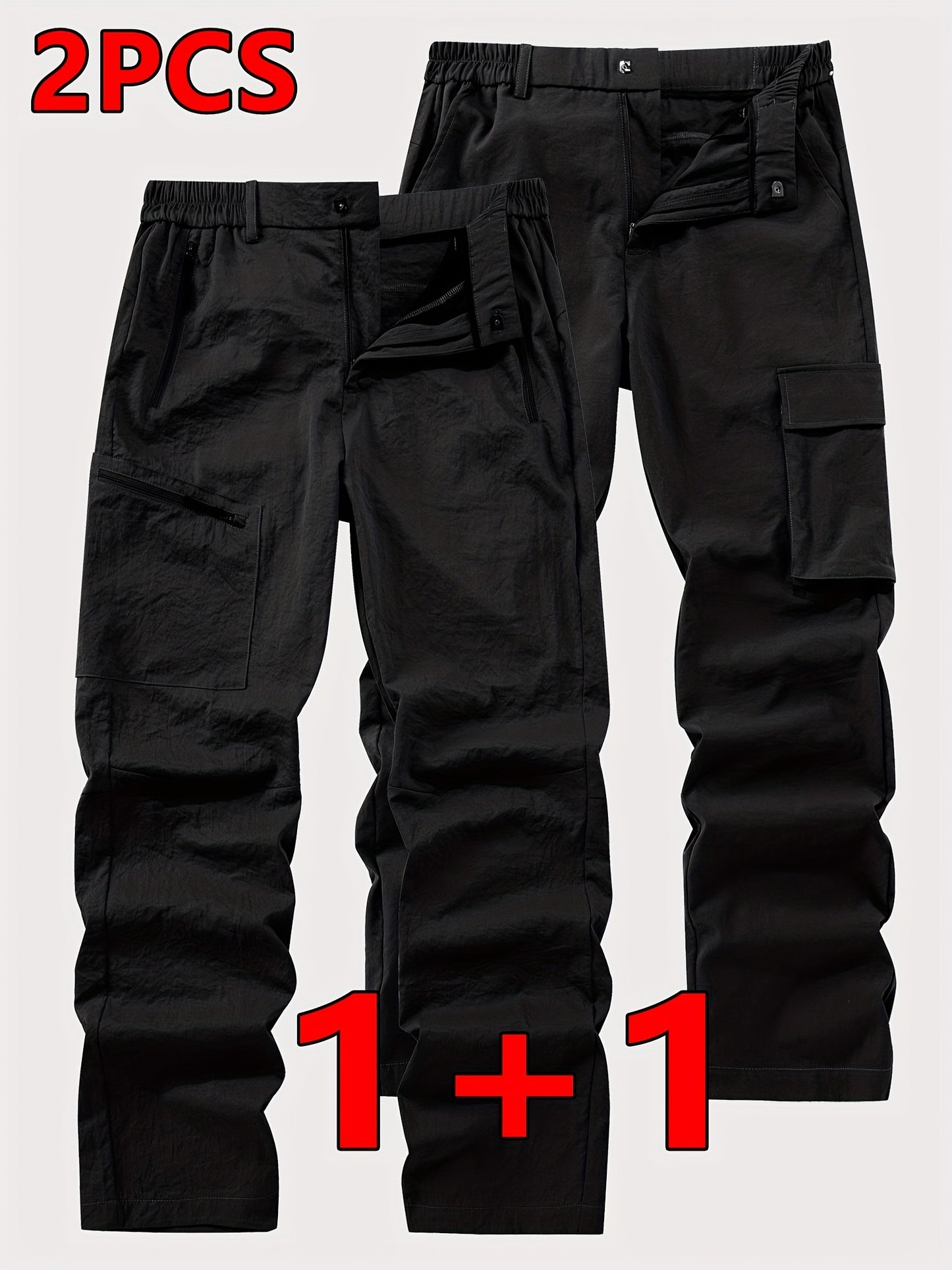 Pantalons cargo robustes pour homme (2 pièces) – multi-poches, style tactique outdoor, fermeture à boucle de ceinture, taille mi-haute, lavables en machine, idéals randonnée, camping, vélo, cadeau parfait (marron/noir)