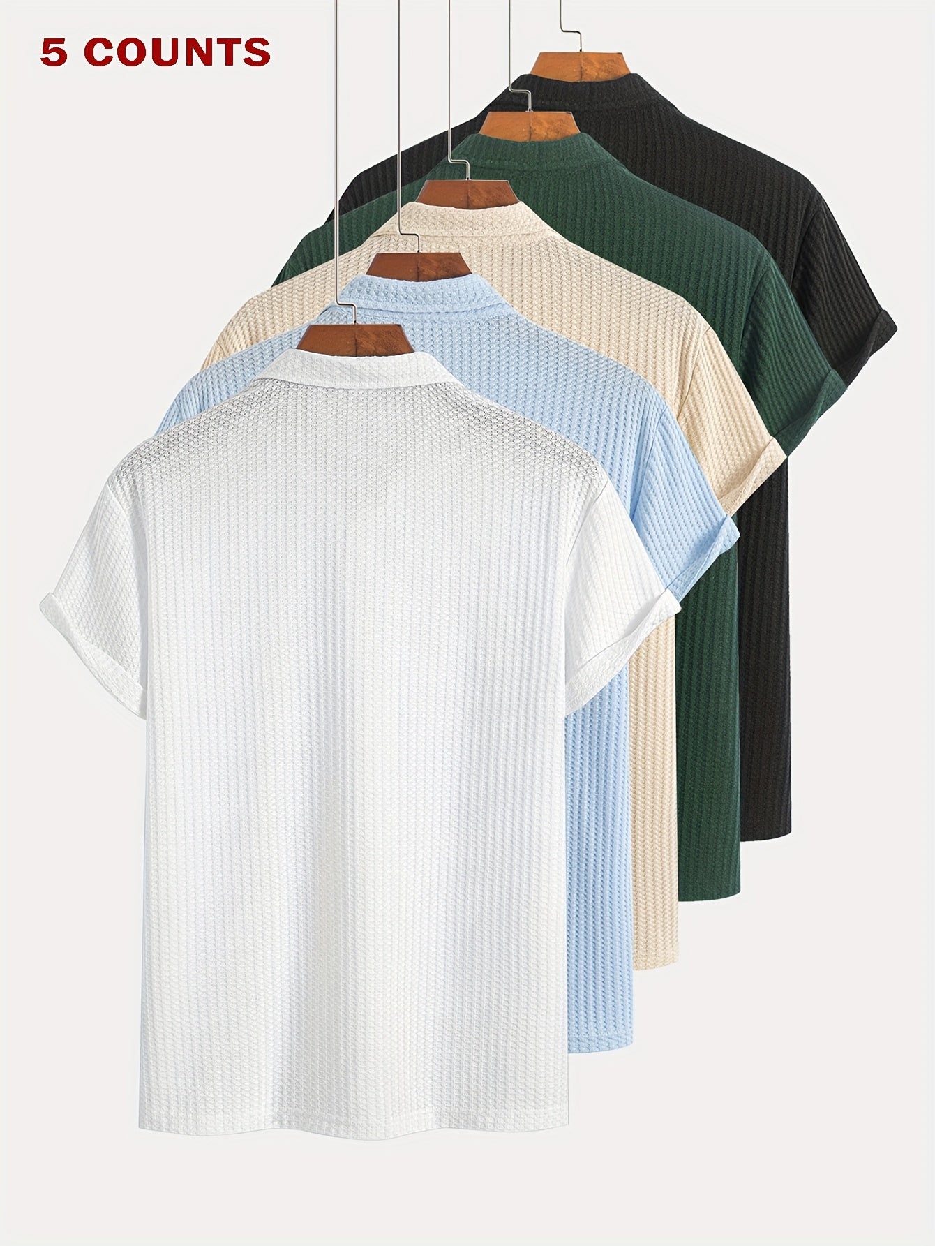 Set of 5 Short-Sleeve Polo Shirts with Jacquard Texture for Summer Casual Sports, Knit
