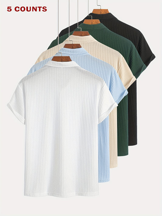 Set of 5 Short-Sleeve Polo Shirts with Jacquard Texture for Summer Casual Sports, Knit