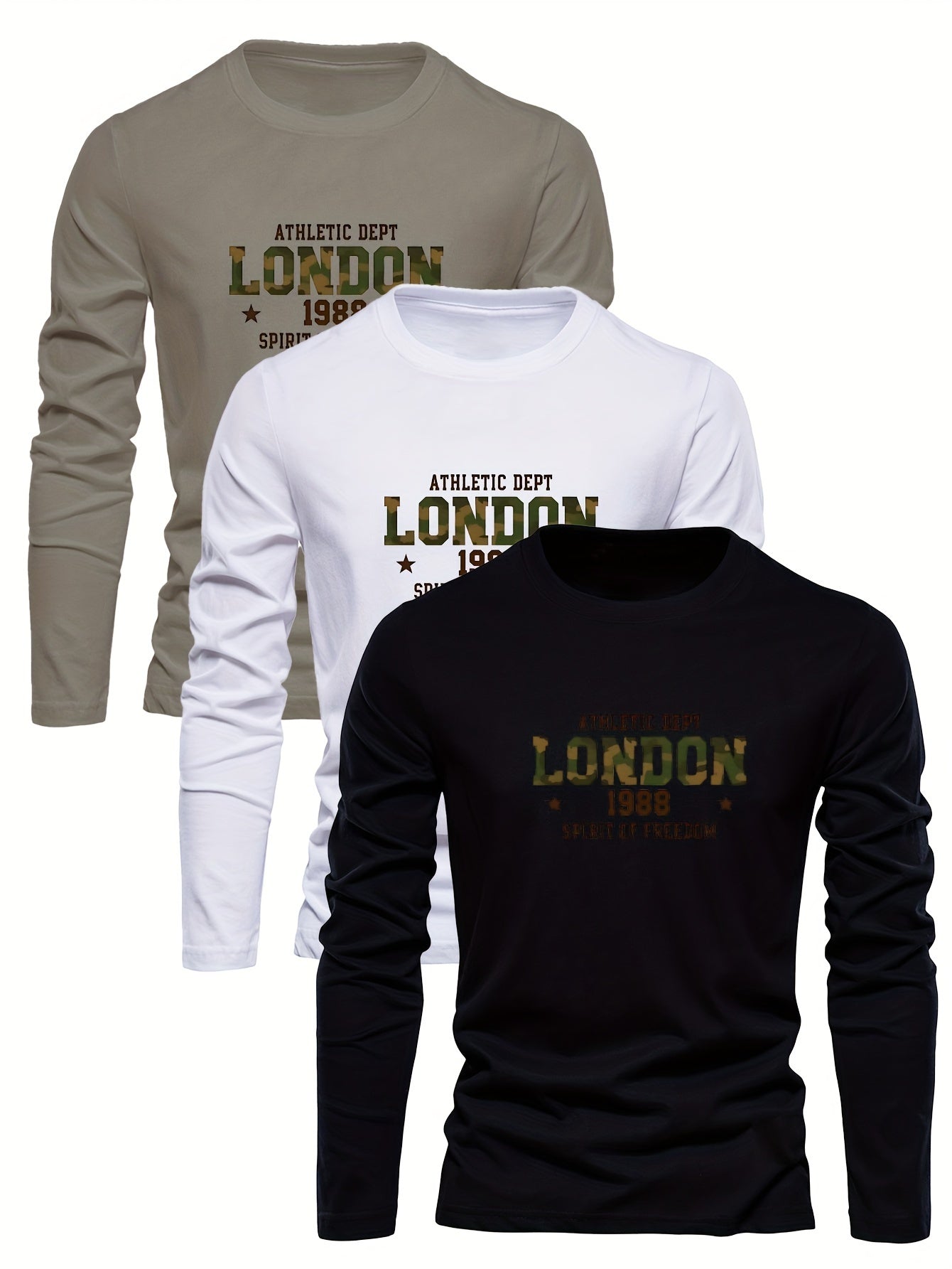 3pcs Men'S Heavyweight Long Sleeve T-Shirts - Soft Crewneck Sweatshirts, Athletic Department Graphic (1986, 1999, 2001) - Beige/Black/White Color Options - Everyday Casual & Formal Wear - Breathable Tops for Men, Sweater Tops