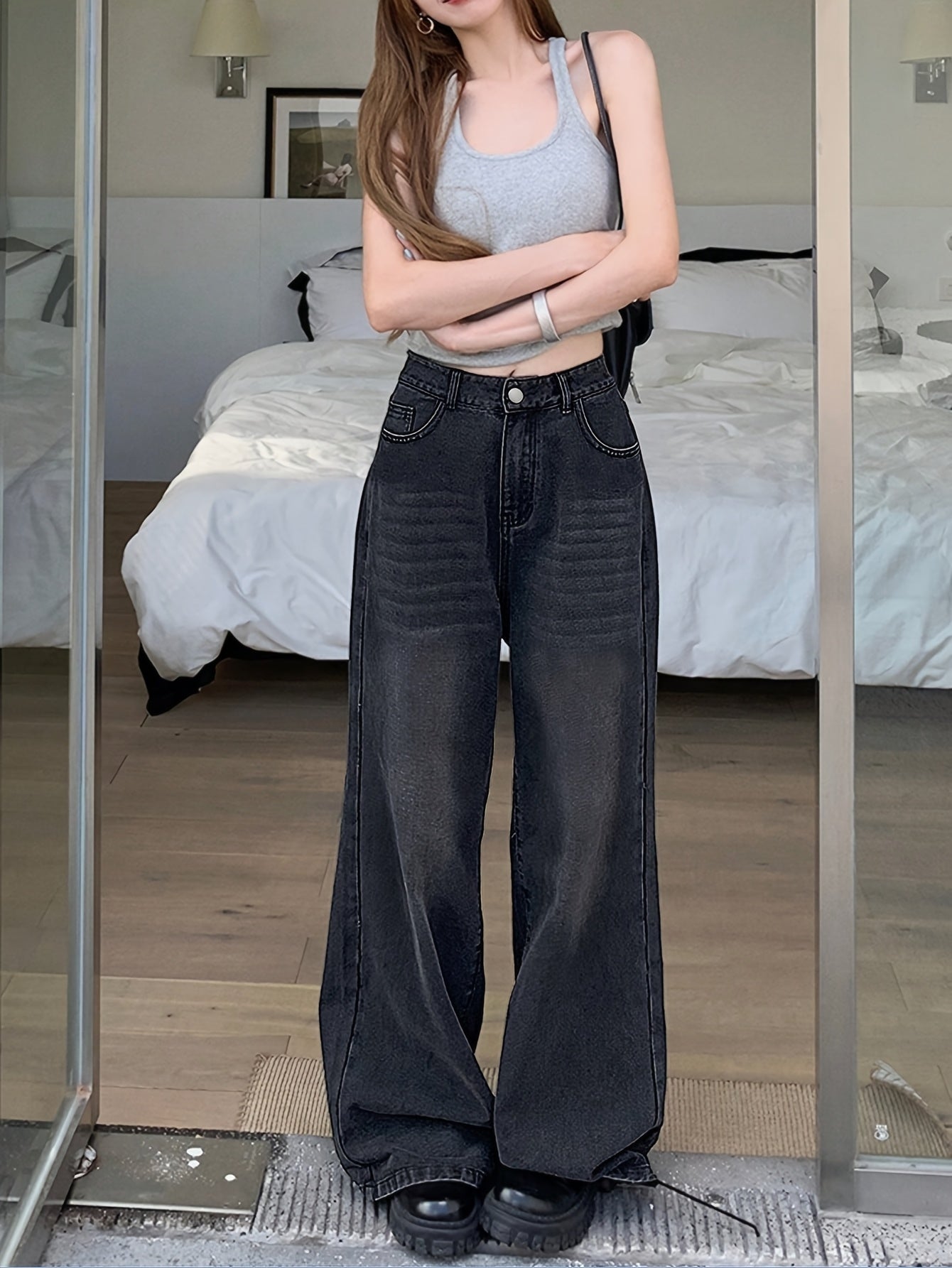 Jeans Femme Taille Haute Jambe Large Non Transparent Lavable Toute Saison Décontracté et Formel Polyvalent Durable