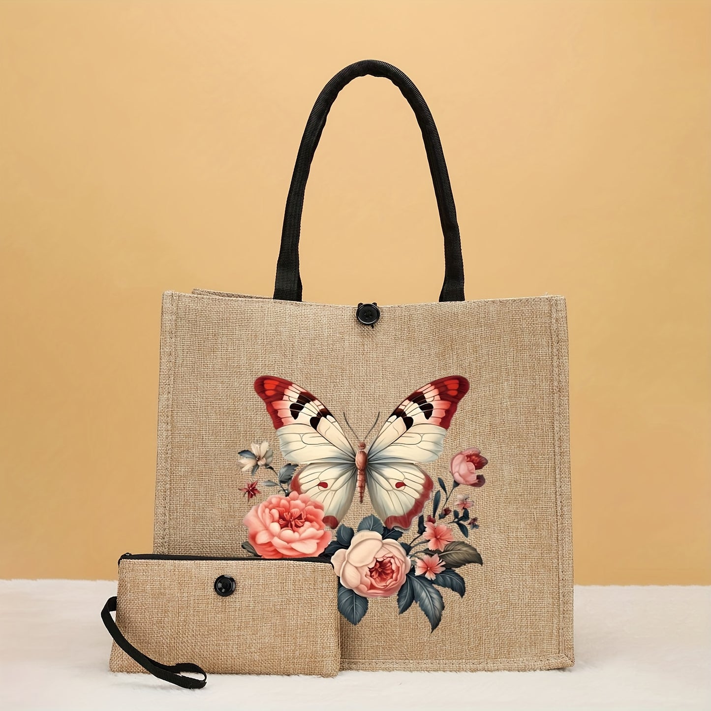 Set 2 Sacs Cabas à Motif Papillon et Fleurs – Tissu Durable, Fermeture à Boucle, Portefeuille Inclus, Idéal pour Shopping, Voyages, Plage – Cadeau Parfait pour Enseignants, Amies, Camarades de Classe, Meilleures Amies et Sœurs