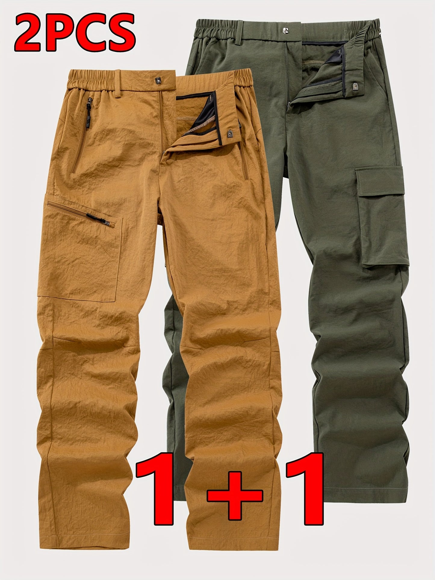 Pantalons cargo robustes pour homme (2 pièces) – multi-poches, style tactique outdoor, fermeture à boucle de ceinture, taille mi-haute, lavables en machine, idéals randonnée, camping, vélo, cadeau parfait (marron/noir)
