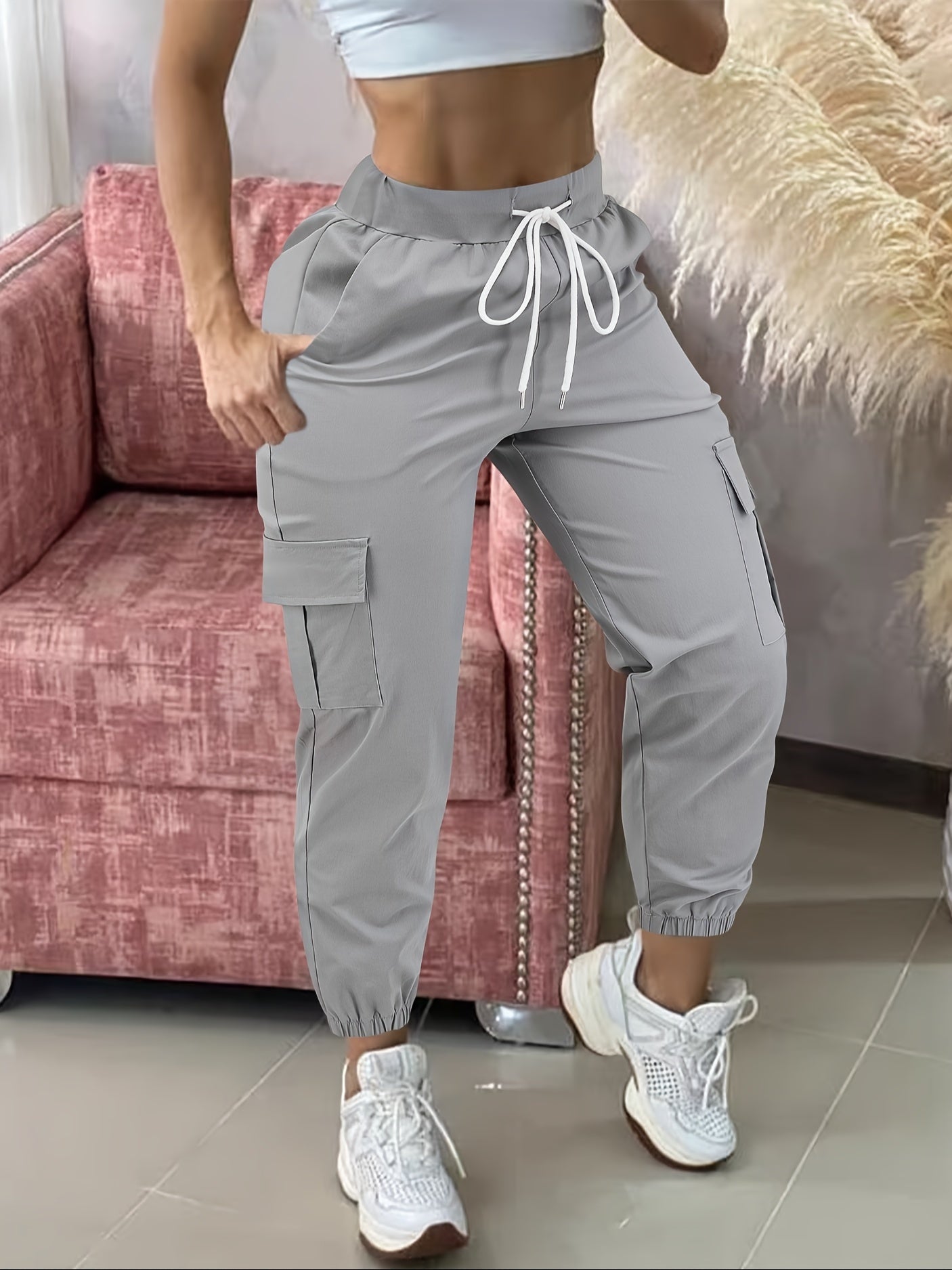 Pantalon Cargo Femme Décontracté – Beige, Taille à Cordon, Multiples Poches, Ourlet Effiloché, Tous Saisons