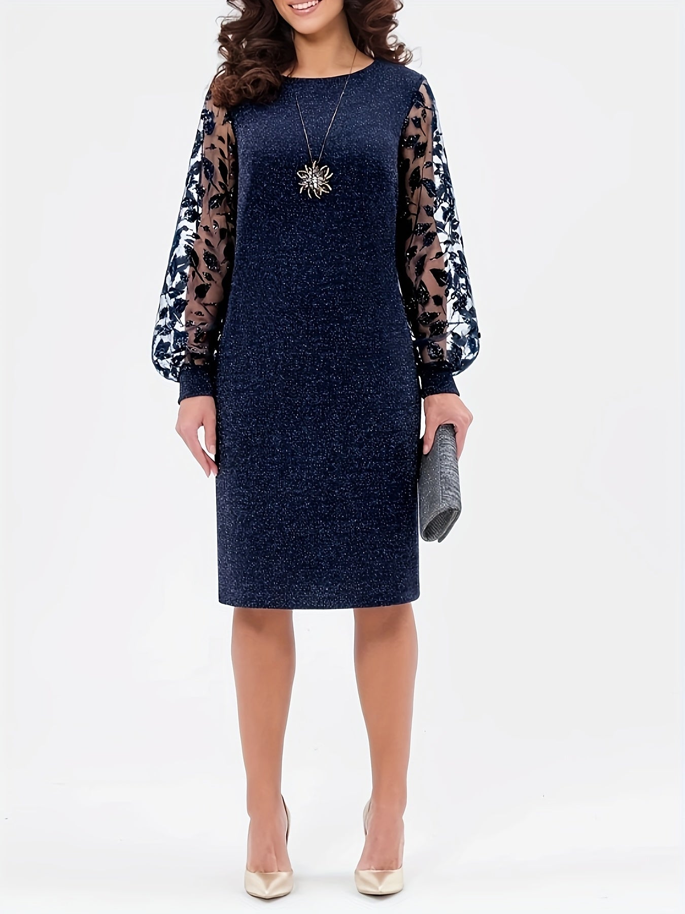 New Spring/Autumn Dress with Mesh Patchwork, Round Neck, Long Sleeves, Fashionable Fabric, Fit Dress