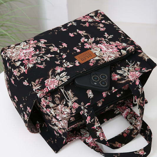 Nouveau Sac Cabas Grande Capacité en Tissu Épaissi – Sac de Travail Simple et Tendance, Fermeture Zippée Semi-Fermée, Poche Latérale pour Gobelet, Poche Avant Zippée, Idéal pour Shopping et Articles Divers, Sac Portable pour le Travail