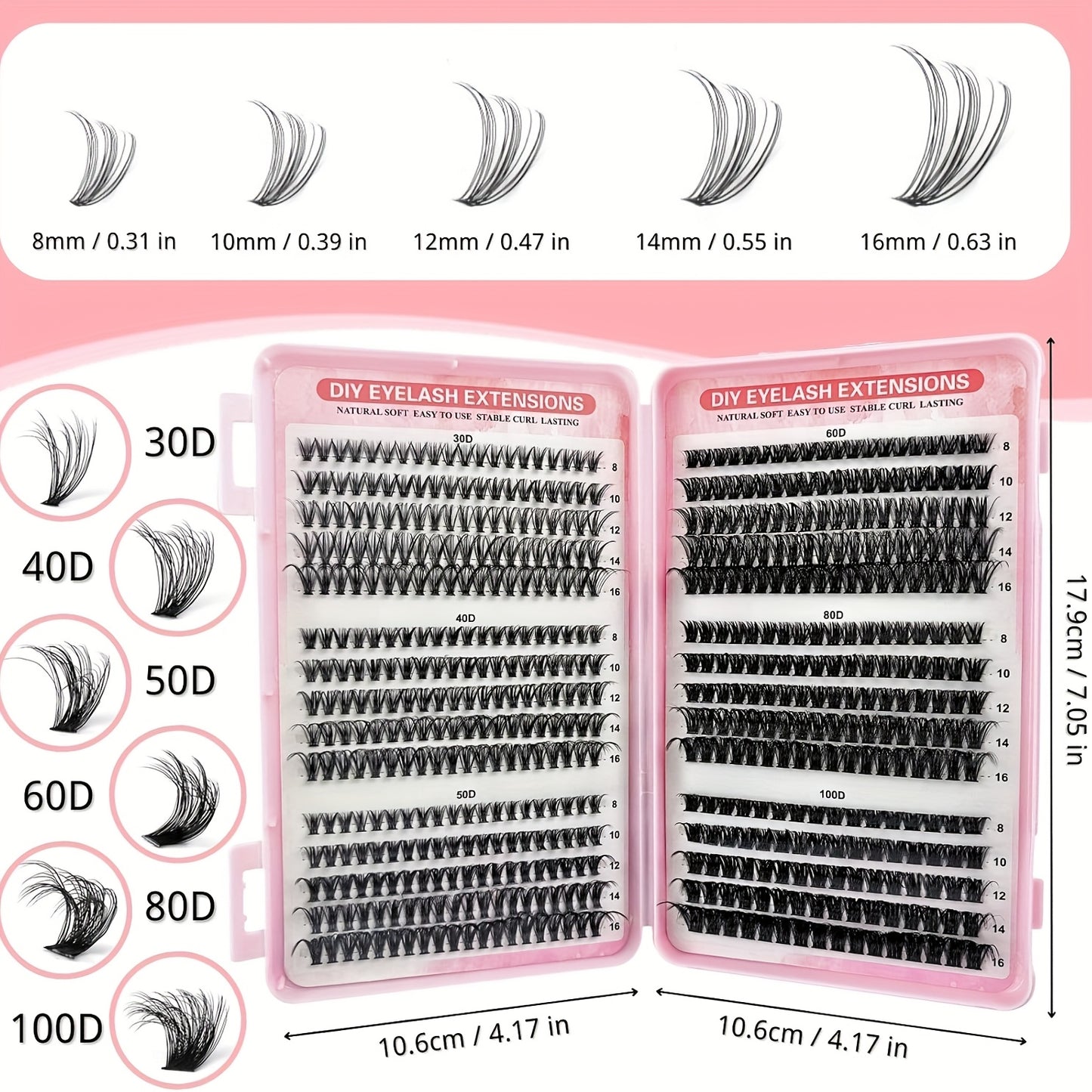 Kit d'extensions de cils à faire soi-même - Courbure D, longueurs mixtes 30D, 40D, 50D, 60D, 80D et 100D, cils individuels pour un regard naturel ou fourni, application facile à domicile