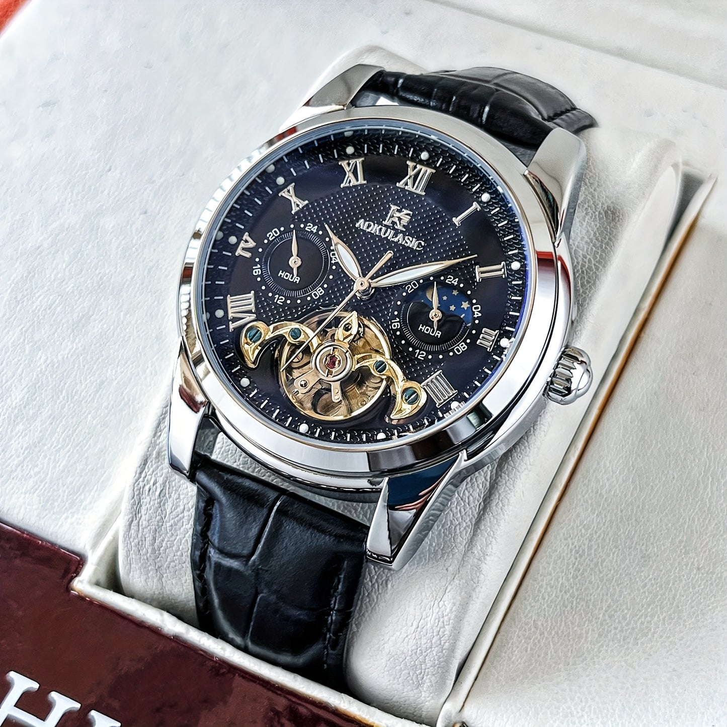 Luxury Automatic Mechanical Watch for Men - Fashionable and Versatile Casual Style - Light Luxury High-end Sun, Moon, Stars 24-Hour Function - Automatic Winding Luminous Hands - Business Demeanor Style - Gift for V