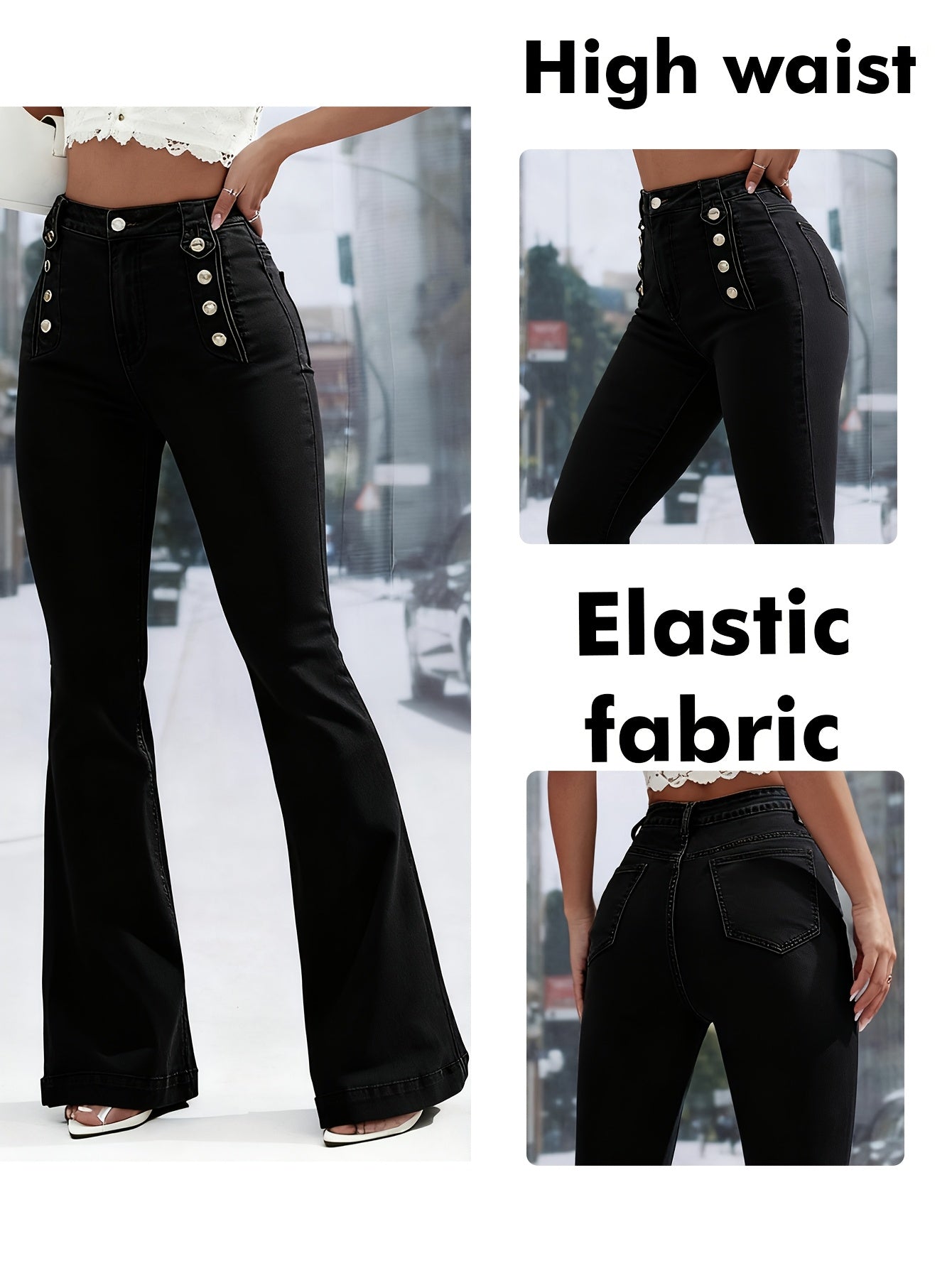 Jean Femme Taille Haute Stretch Coupe Évasée Polyvalent