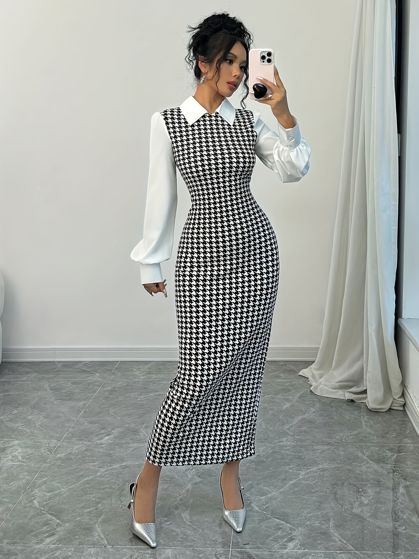 Ladies' Elegant Houndstooth Slim-Fit Lantern Sleeve Dress